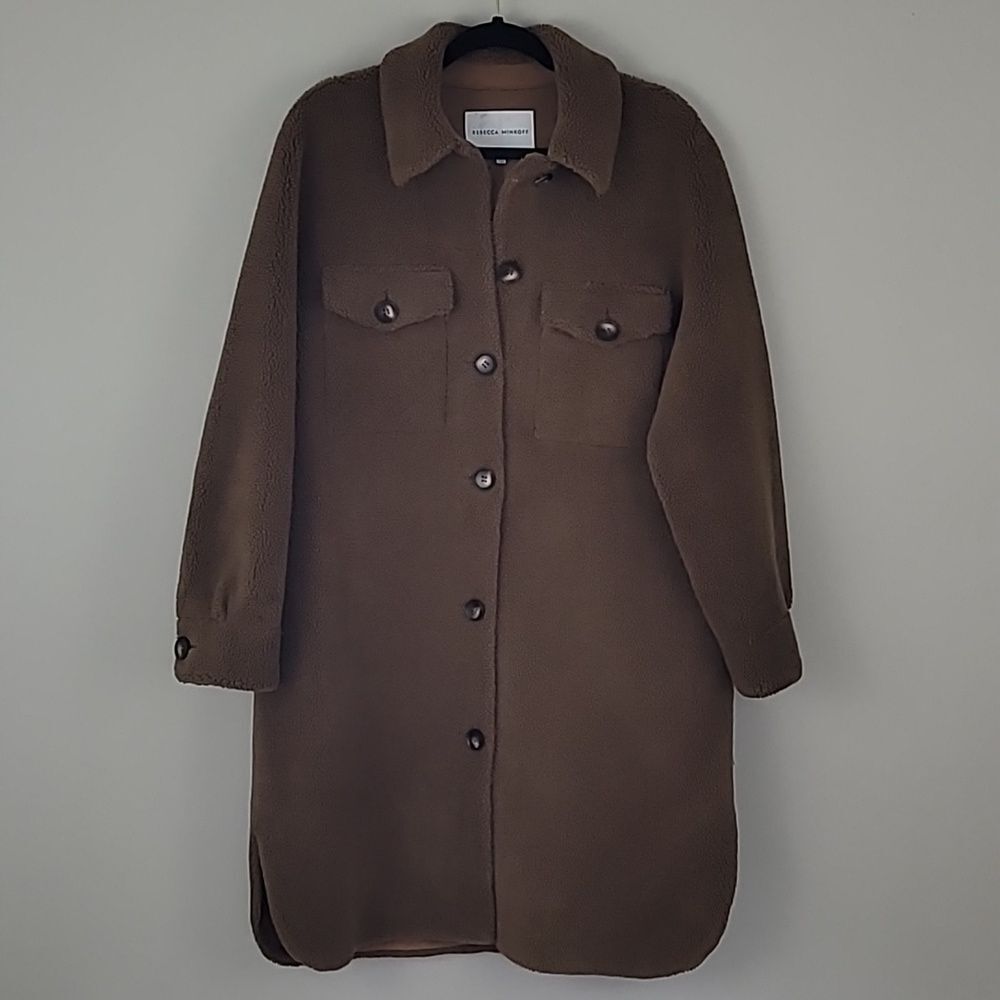 Rebecca Minkoff Brown Faux Shearling Button Down Long Overcoat w/Pockets Size XL - Picture 3 of 15